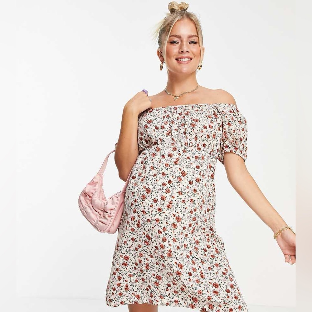 Mama Licious Maternity milkmaid Floral Off the shoulder Mini Dress size M - Picture 3 of 8
